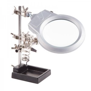 Держатель «Третья рука» REXANT, 2 зажима, чугун, лупа 90 мм, подставка паяльника, LED подсветка (ZD-10M)