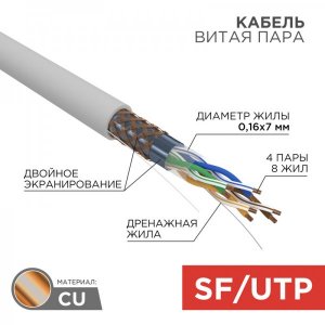 Кабель SFTP 4 х 2 x (0,16х7) мм, cat 5e, (многожильная) (бухта 305м)  REXANT