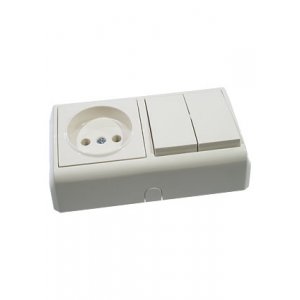 90681389, блок горизонтальный два выключателя + розетка без заземления наружный монтаж