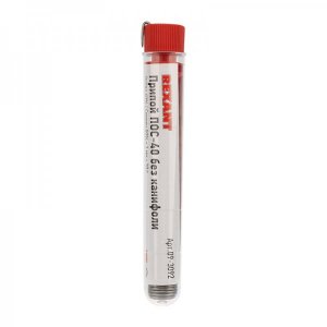 Припой без канифоли ПОС-40 REXANT, 10 г, Ø1.0 мм, (олово 40%, свинец 60%), колба