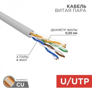 Кабель  UTP 4 х 2 х 0,50 мм, CU (медь), cat 5e, 100МГц, PVC серый, (бухта  25м)  REXANT