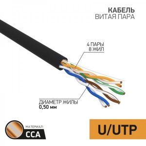 Кабель UTP 4 х 2 х 0,50 мм, CCA, cat 5e, РE черный, наружный (OUTDOOR), (бухта 305м)  PROconnect