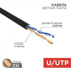 Кабель UTP 2 х 2 х 0,50 мм, cat 5e, наружный (OUTDOOR) (бухта 305м)  REXANT
