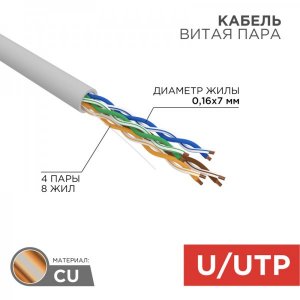 Кабель UTP 4 х 2 x (0,16х7) мм, cat 5e, (многожильная) (бухта 305м)  REXANT