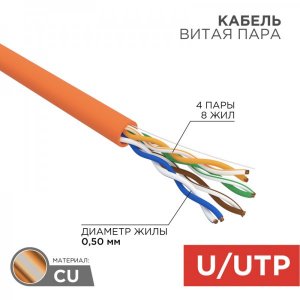 Кабель UTP 4 х 2 х 0,50 мм, cat 5e, нг(А)-HF, LSZH (бухта 305м)  REXANT