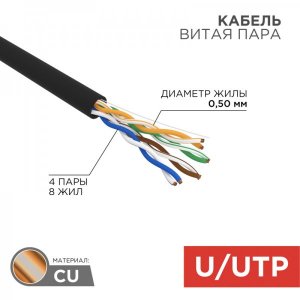 Кабель UTP 4 х 2 x 0,50 мм, cat 5e, наружный (OUTDOOR) (бухта 305м)  REXANT