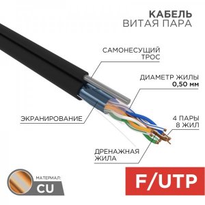 Кабель FTP 4 х 2 х 0,51 мм, cat 5e, наружный (OUTDOOR) + ТРОС*1 (бухта 305м)  REXANT