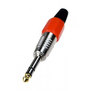 1-119G RD, штекер аудио 6.35мм стерео металл цанга на кабель красный