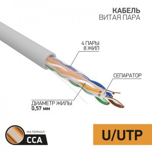 Кабель UTP 4 х 2 х 0,57 мм, CCA, cat 6, PVC серый, (бухта 305м)  PROconnect