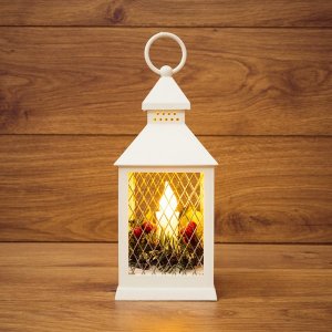 Декоративный фонарь со свечкой, белый корпус, размер 10.5х10.5х24  см, Теплый Белый