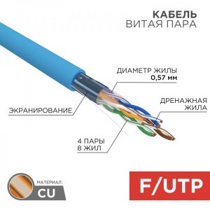 Rexant витая пара, F/UTP, CAT6, PVC, 4 x 2 x 0,57 мм, 23AWG, синий, 305м
