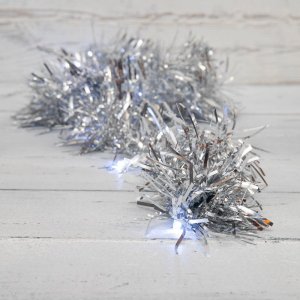 Гирлянда светодиодная «Мишура» серебряная 1,5 м, прозрачный ПВХ, 10 LED, белая, питание 2 х АА