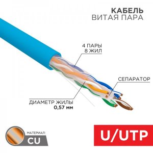 Rexant витая пара, U/UTP, CAT6, PVC 4 x 2 x 0,57 мм, 23AWG, синий, 305м
