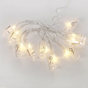 Гирлянда светодиодная «Прищепки» 1,5 м, прозрачный ПВХ, 10 LED, теплый белый, питание 2 х АА