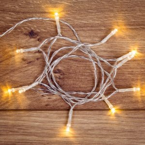 Гирлянда светодиодная универсальная 10 LED теплый белый 1,2 метра, прозрачный ПВХ, питание 2хАА
