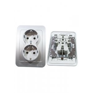 23482, роозетка двойная с заземлением серебро встроенный монтаж