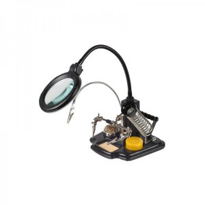 Держатель «Третья рука» REXANT, «МАСТЕР», 3 зажима, лупа 90 мм, подставка паяльника, стенд припоя, LED подсветка (ZD-10Y)